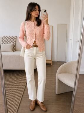 VINTAGE Sidney Gould Cardigan | Coquette Pastel Pink Pointelle GrandMillennial M